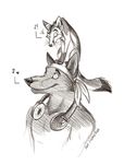  bandanna canine culpeofox duo fox greyscale headphones lupine_assassin male mammal monochrome sketch wolf 