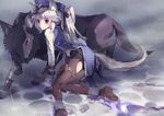  animal animal_ears ankle_cuffs chain cuffs grey_hair hair_ribbon hat highleg holster original pantyhose peaked_cap ponytail red_eyes ribbon scar shackles solo tail thigh_holster tiru torn_clothes torn_legwear wolf wolf_ears wolf_tail 
