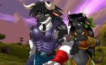  2007 amber_eyes armor black black_hair bovine bull chalo cow cute druid face_markings female hair horns looking_at_viewer male midriff necklace standing tail tail_ring tauren warcraft world_of_warcraft 