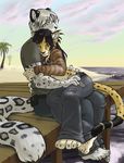  &hearts; 2008 barefoot beach cheetah chest_tuft clothed couple deeso feline female holding male midriff mitsene mori outside palm_tree pier seaside snow_leopard straight 