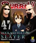  2boys bald beard brown_eyes brown_hair cover crossed_arms crossover english facial_hair guitar hair_ornament hairclip hard_translated hat heavy_metal hirasawa_yui instrument jeff_hanneman k-on! kaiga kerry_king long_hair multiple_boys ribbon skull slayer_(band) sunglasses translated 