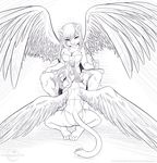  angel black_and_white breasts clothed clothing crop feline female kneeling looking_at_viewer mammal monochrome plain_background riding_crop skimpy suggestive tail throne underwear white_background wings 