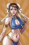  armlet brown_eyes brown_hair bun_cover chun-li cleavage_cutout double_bun halter_top halterneck kazeki lips panties solo street_fighter swimsuit thong underwear 