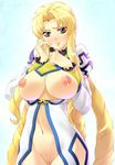  846-gou blonde_hair blue_eyes blush breasts embarrassed large_breasts lips long_hair marguerite_pistail nipples open_clothes pubic_hair solo super_robot_wars super_robot_wars_z2 tri_tails very_long_hair 
