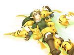  biting blonde_hair blue_eyes boots brown_eyes chikuwa_(rinka) fingerless_gloves gen_1_pokemon gloves hat jewelry link lying pikachu pointy_ears pokemon pokemon_(creature) simple_background single_earring sleeping smile super_smash_bros. the_legend_of_zelda the_legend_of_zelda:_twilight_princess too_many too_many_pikachu 