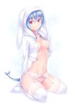  animal_ears animal_hood aqua_hair breasts bunny_hood full_body garter_belt hood hoodie lace lace-trimmed_thighhighs lace_panties leaf_girl lingerie long_sleeves medium_breasts monster_girl nanakusa navel no_bra no_pants no_shoes open_clothes open_shirt original panties red_eyes shirt simple_background sitting sleeves_past_wrists solo tail thighhighs underwear wariza white white_legwear 