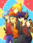  blonde_hair blue_eyes blue_hair card crow_hogan fudou_yuusei gloves hairband happy heinicke holding holding_card hug jack_atlas jacket kiryuu_kyousuke multicolored_hair multiple_boys orange_hair pants purple_eyes purple_hair short_hair silver_eyes streaked_hair yuu-gi-ou yuu-gi-ou_5d's 