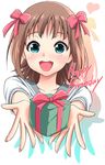  amami_haruka brown_hair gift green_eyes happy_birthday holding holding_gift idolmaster idolmaster_(classic) incoming_gift kase_daiki sailor_collar short_hair solo 