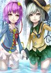  bad_id bad_pixiv_id eyeball green_eyes green_hair hat holding_hands komeiji_koishi komeiji_satori lips multiple_girls purple_hair red_eyes short_hair siblings sisters smile third_eye touhou wading water yukinojou_yakan 