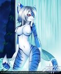  blue_theme breasts cleavage clothed clothing feline female hair hair_over_eye lilith mammal nude solo standing tiger tofu93 water waterfall wet white_hair 