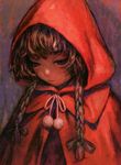  braid brown_hair cloak grimm's_fairy_tales hood hooded_cloak little_red_riding_hood little_red_riding_hood_(grimm) looking_down murata_renji red solo twin_braids upper_body 