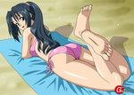  barefoot beach bikini black_eyes black_hair feet getbackers goldsickle lying mizuki_natsumi on_stomach pink_bikini ponytail sexy_pose swimsuit two_piece 