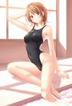  arm_support armpits asics barefoot blush breasts brown_eyes brown_hair competition_swimsuit covered_nipples face hand_behind_head highleg highleg_swimsuit highres indoors kuri_(kurigohan) medium_breasts one-piece_swimsuit original sitting smile soaking_feet solo swimsuit water window 