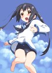  barefoot black_hair blush brown_eyes cloud cosplay day errant k-on! long_hair miyafuji_yoshika miyafuji_yoshika_(cosplay) nakano_azusa open_mouth round_teeth school_swimsuit school_uniform serafuku sky solo strike_witches swimsuit swimsuit_under_clothes teeth twintails world_witches_series 