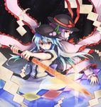  blue_hair crost food fruit hat highres hinanawi_tenshi long_hair multiple_girls nagae_iku peach purple_hair red_eyes short_hair sword sword_of_hisou touhou weapon 