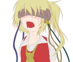  bacho blonde_hair blush commentary face flandre_scarlet mind_control open_mouth parody saliva side_ponytail solo tears teeth touhou visor 