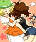  2girls ahoge bel_(pokemon) bell_(pokemon) bent_over beret black_eyes blonde_hair blood blush breast_smother breasts brown_hair cheren_(pokemon) closed_eyes dress eyes_closed glasses hat hug large_breasts long_hair lowres multiple_girls nosebleed open_mouth pokemon pokemon_(game) pokemon_black_and_white pokemon_bw short_hair shorts smile touko_(pokemon) white_(pokemon) yuri 