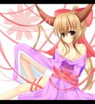  bare_shoulders blonde_hair bow breasts hair_bow highres horns ibuki_suika japanese_clothes kimono long_hair medium_breasts obi off_shoulder panties red_eyes ribbon sash solo touhou underwear white_panties yoye_(pastel_white) 