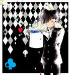  animal animal_on_head animal_on_shoulder bird bird_on_head bird_on_shoulder black black_hair blue_eyes bow bowtie card clothed_animal clover club_(shape) confetti cowboy_shot diamond_(shape) dove english four-leaf_clover gakuran gloves half-closed_eye happy hat hat_basket hat_removed headwear_removed heart highres holding holding_hat kaitou_kid kuroba_kaito looking_at_viewer magic_kaito magician male_focus meitantei_conan monocle mouth_hold nuzzle on_head open_mouth outside_border partially_unbuttoned placard playing_card red_bow school_uniform sign smile solo spade_(shape) string tennen_hz top_hat undershirt uneven_eyes white_gloves white_hat 