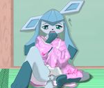  anus bottomless clothed clothing cum eeveelution female glaceon half-dressed japanese_text nintendo open_mouth pok&#233;mon pok&#233;morph pok&eacute;mon pussy solo tatami text unknown_artist video_games yawn 