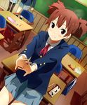  bad_id bad_pixiv_id banned_artist blazer book brown_hair case chalkboard classroom cowboy_shot desk glasses hands_clasped hatsumic jacket k-on! outstretched_arms own_hands_together pencil red_eyes school_uniform short_twintails sitting skirt smile solo stretch suzuki_jun twintails 