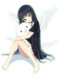  :3 angel_wings bangs bare_legs barefoot black_hair blunt_bangs convenient_leg doll doll_hug dress face feet green_eyes head_tilt kurasawa_moko long_hair original shadow simple_background sitting solo very_long_hair wings 