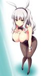  animal_ears breast_suppress breasts bunny_ears bunny_girl bunny_tail bunnysuit cleavage detached_collar fake_animal_ears green_eyes idolmaster idolmaster_(classic) large_breasts leaning_forward long_hair pantyhose perspective shijou_takane silver_hair solo tail wakame wrist_cuffs yellow_eyes 