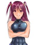  abs athletic bare_shoulders breasts crossed_arms female fit infinite_stratos large_breasts long_hair maron_torisu nohotoke_honne purple_eyes purple_hair short_twintails skin_tight skintight smile solo twintails white_background 