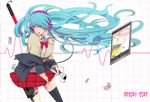  alternate_color aqua_eyes aqua_hair bad_id bad_pixiv_id bandages bandaid bow bowtie hatsune_miku headphones long_hair microphone saji_(3k) single_thighhigh skirt solo tablet thighhighs very_long_hair vocaloid 