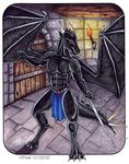  2002 black digitigrade dragon dungeons_&amp;_dragons horns loincloth male pixel scalie solo spikes spread_legs spreading standing sword topless underwear weapon wings 