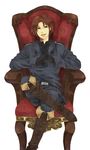  axis_powers_hetalia boots brown_eyes brown_hair chair gloves janis_(hainegom) male_focus military military_uniform northern_italy_(hetalia) simple_background sitting solo uniform 