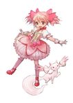  bad_id bad_pixiv_id bubble_skirt choker gloves kaname_madoka kyubey magical_girl mahou_shoujo_madoka_magica open_mouth outstretched_arms pink_eyes pink_hair puffy_sleeves red_choker shoes short_hair short_twintails simple_background skirt spread_arms standing standing_on_one_leg tomatika twintails 