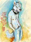  anthro body_hair canine collar dog happy_trail java male mammal pubes solo topless 