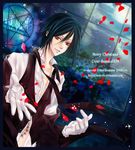  black_hair gloves highres kuroshitsuji male_focus mrsloth petals red_eyes sebastian_michaelis solo 