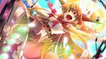  bloomers broken_moon chain danmaku dutch_angle hidori_(hibi_toridori) horn_ribbon horns ibuki_suika long_hair moon ofuda open_mouth orange_hair outstretched_arms ribbon skirt sleeveless solo spread_arms teeth touhou underwear wrist_cuffs 