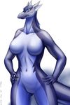  2005 blue_eyes blue_hair breasts despina dragon equus female hair horn looking_at_viewer nude plain_background scalie solo white_background 