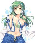  blush bra breasts cleavage detached_sleeves face frills frog frown green_hair hair_ornament k.y_ko kochiya_sanae large_breasts lingerie long_hair navel off_shoulder open_clothes panties snake solo touhou underwear yellow_eyes 