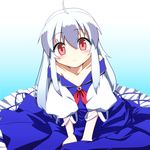  age_regression ahoge blush dress grey_hair kaiza_(rider000) kamishirasawa_keine long_hair looking_at_viewer multicolored_hair oversized_clothes pink_eyes solo staring tareme touhou two-tone_hair white_hair wide-eyed younger 