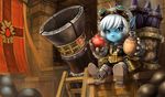  apple artist_request blue_skin food fruit goggles league_of_legends official_art solo tristana weapon yordle 