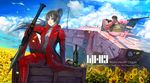  1girl alcohol armor armored_vehicle black_hair blue_eyes blue_sky cloud day flower gloves ground_vehicle gun highres jacket long_hair machine_gun military original ponytail rocket_launcher rpg rpg-7 sitting sky sunflower vanipo weapon wine 