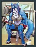  abs anthro biceps big_breasts blue blue_fur blue_hair breasts canine female fur hair hopey iggi long_hair mammal muscles muscular_female solo tail wolf workout 