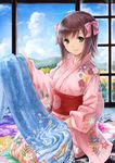  amami_haruka blush brown_hair cloud day green_eyes hair_ribbon highres idolmaster idolmaster_(classic) japanese_clothes kimono pink_kimono ribbon sitting sky smile solo yakusa yukata 