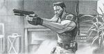  aiming bad_id bad_pixiv_id belt chris_redfield fingerless_gloves gloves graphite_(medium) greyscale gun handgun headset knife male_focus monochrome pistol realistic resident_evil solo traditional_media weapon wescap1 