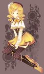  bad_id bad_pixiv_id beret blonde_hair boots corset detached_sleeves drill_hair fingerless_gloves gloves hat highres magical_girl mahou_shoujo_madoka_magica puffy_sleeves sitting smile solo somiko thighhighs tomoe_mami yellow_eyes zettai_ryouiki 