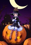  bad_id bad_pixiv_id bird blue_hair blush broom candy crescent_moon food halloween hat highres jack-o'-lantern lollipop mizuki_(mizuki_ame) moon mouth_hold night original owl pantyhose pumpkin purple_legwear red_eyes short_hair sitting smile solo striped striped_legwear swirl_lollipop witch_hat yellow_legwear 