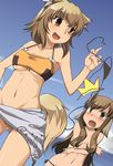  bikini blush brown_eyes brown_hair canine clothed clothing dog dog_ears doggirl embarrassed female hair long_brown_hair long_hair mammal skimpy swimsuit unknown_artist 