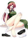  bandages barefoot blue_eyes blush braid censored feet hat highres hong_meiling long_hair naturalton no_panties pussy red_hair shoes_removed single_sock socks socks_removed solo sweat toenails toes touhou twin_braids 
