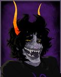  black clown eyes gamzee_makara homestuck honk horn horns jubilations laugh purple purple_body sharp_teeth smile swearing teeth tongue troll writing yellow_eyes 