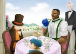  bow bowtie boxing_gloves closed_eyes commentary_request creamer_(vessel) crossover cup dark_skin dark_skinned_male dawn520 dudley facial_hair glasses hat hershel_layton luke_triton mountain multiple_boys mustache pastry professor_layton short_hair sitting street_fighter street_fighter_iii_(series) table tea tea_party teacup tiered_tray top_hat tuxedo 