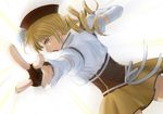  210ten back blonde_hair detached_sleeves drill_hair dutch_angle fingerless_gloves foreshortening gloves hands hat mahou_shoujo_madoka_magica open_mouth profile simple_background solo tomoe_mami yellow_eyes 